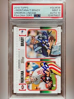 Topps Gridiron Lineage Card — Tom Brady Joe Montana On Card Auto PSA 10